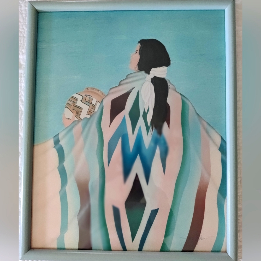 Framed Diana Martin Native American Woman Art Print with Blue and Brown Tones